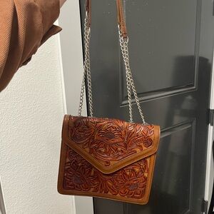Brown Tooled Leather Western Shoulder Bag